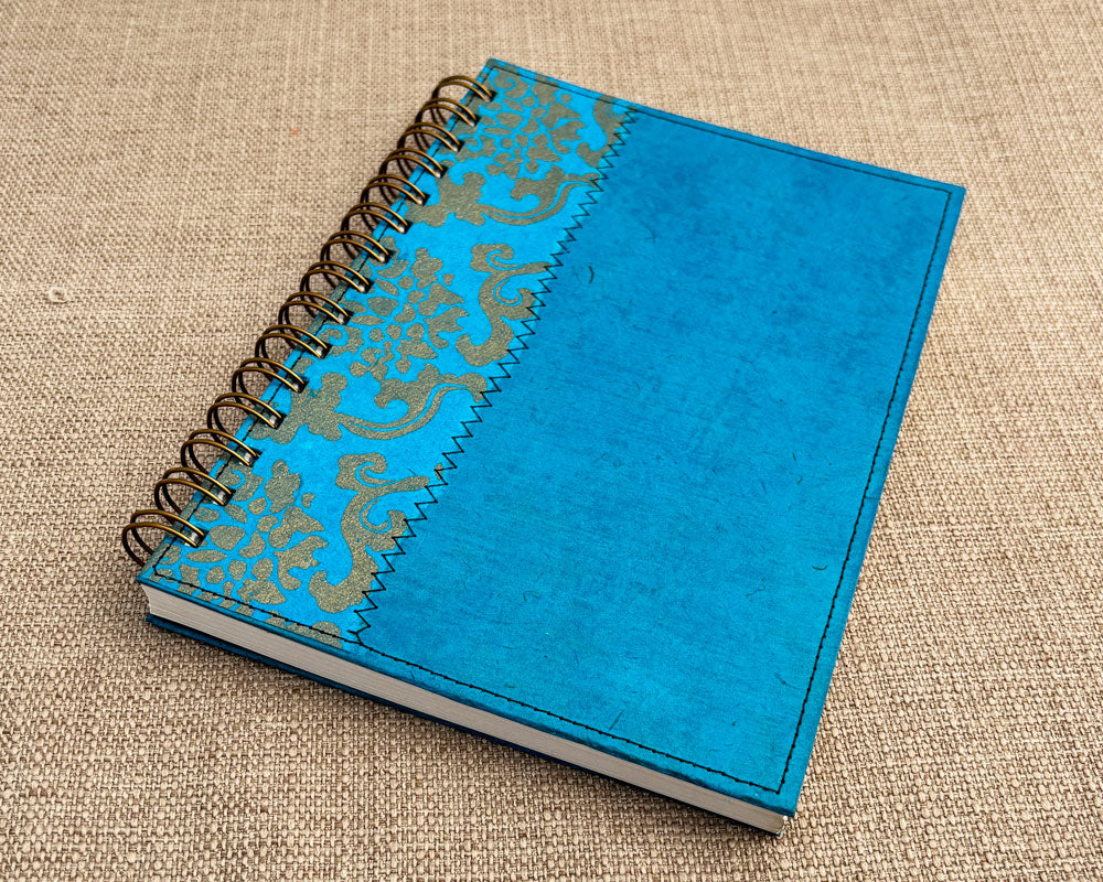 handmade turquoise and gold spiral notebook with recycled pages