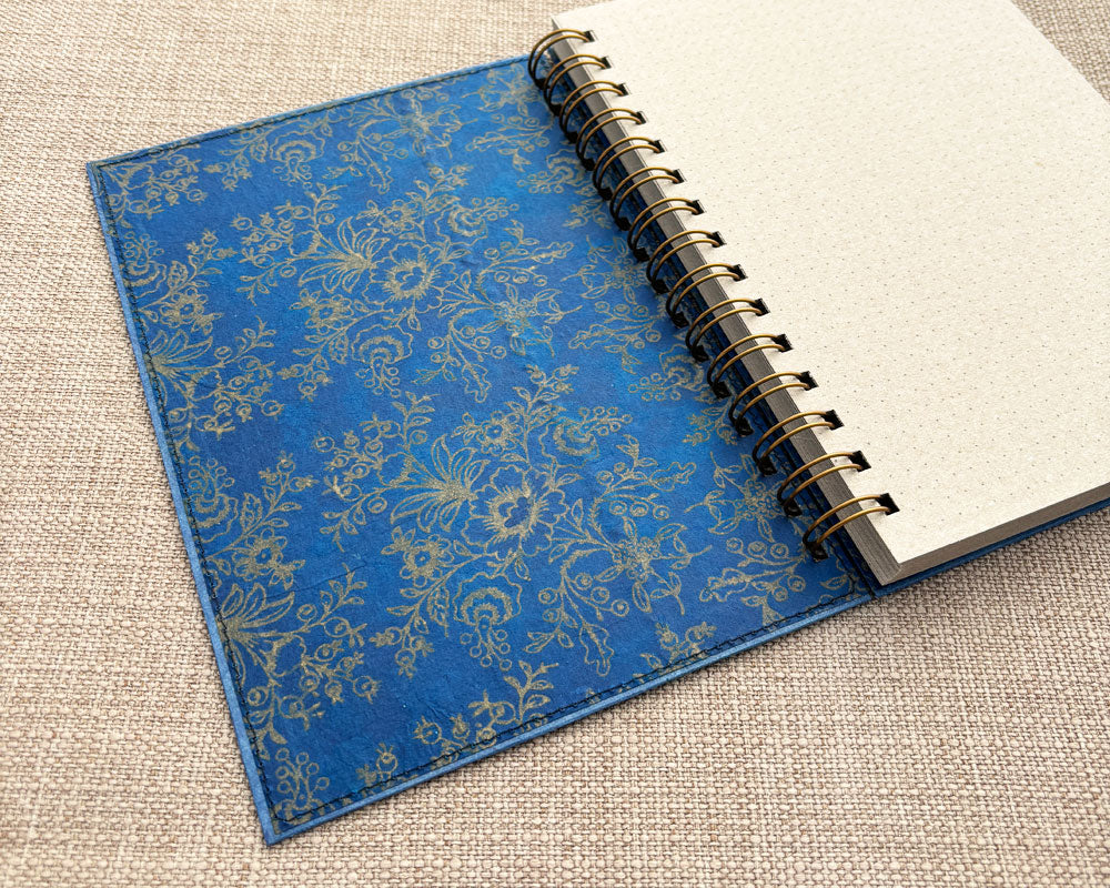 inside blue floral cover of handmade spiral notebook with recycled dot grid pages