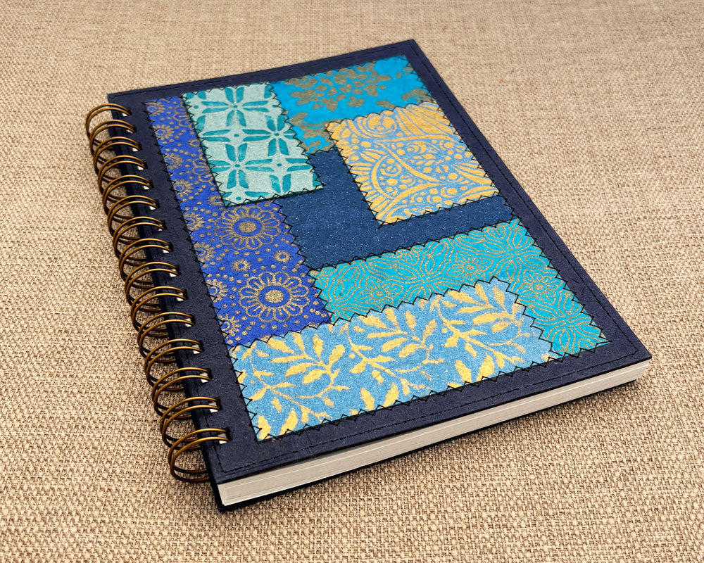 handmade spiral notebook with blue patchwork cover