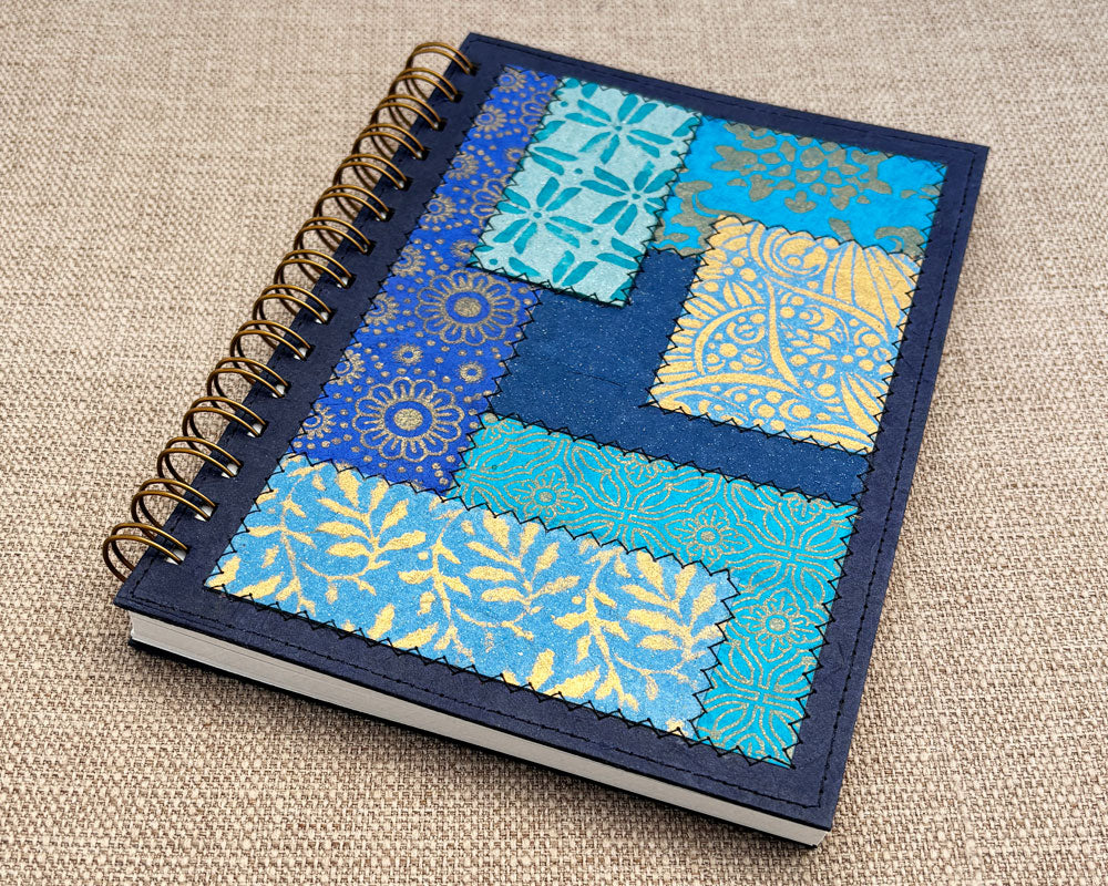 blue patchwork cover on handmade spiral notebook