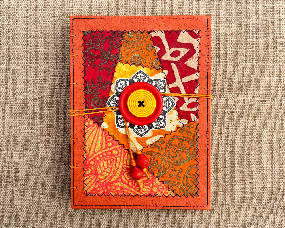 red and orange patchwork cover on hand bound journal