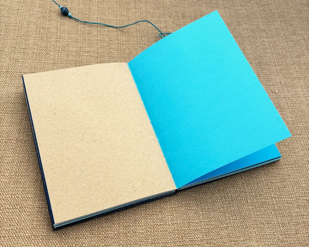 recycled pages inside blue hand bound journal