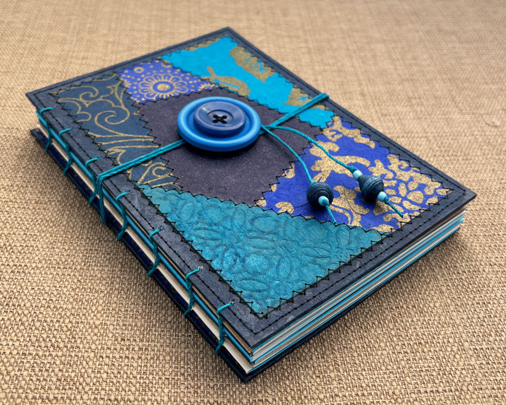 hand bound journal with blue patchwork cover