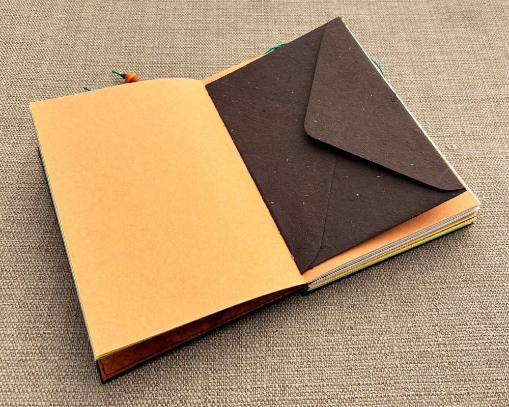 envelope stitched into binding in handmade journal
