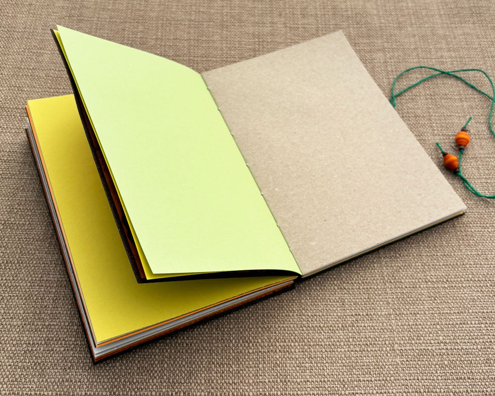 pages of recycled paper inside hand stitched journal