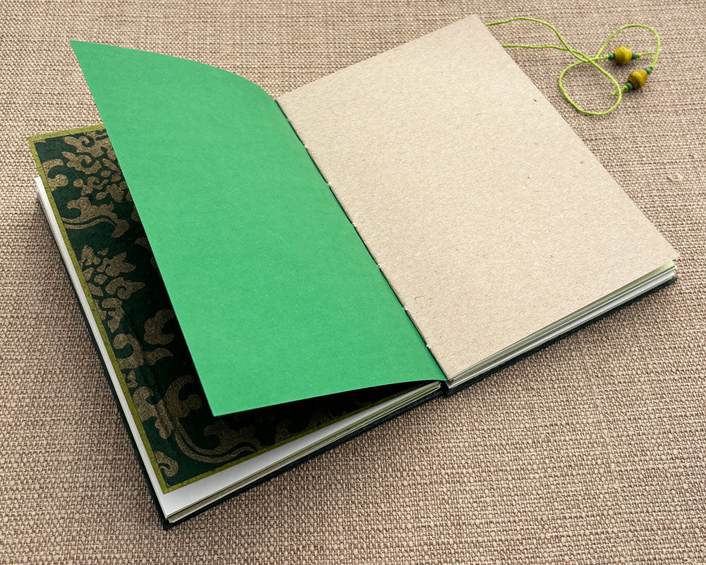 recycled pages in green hand bound journal