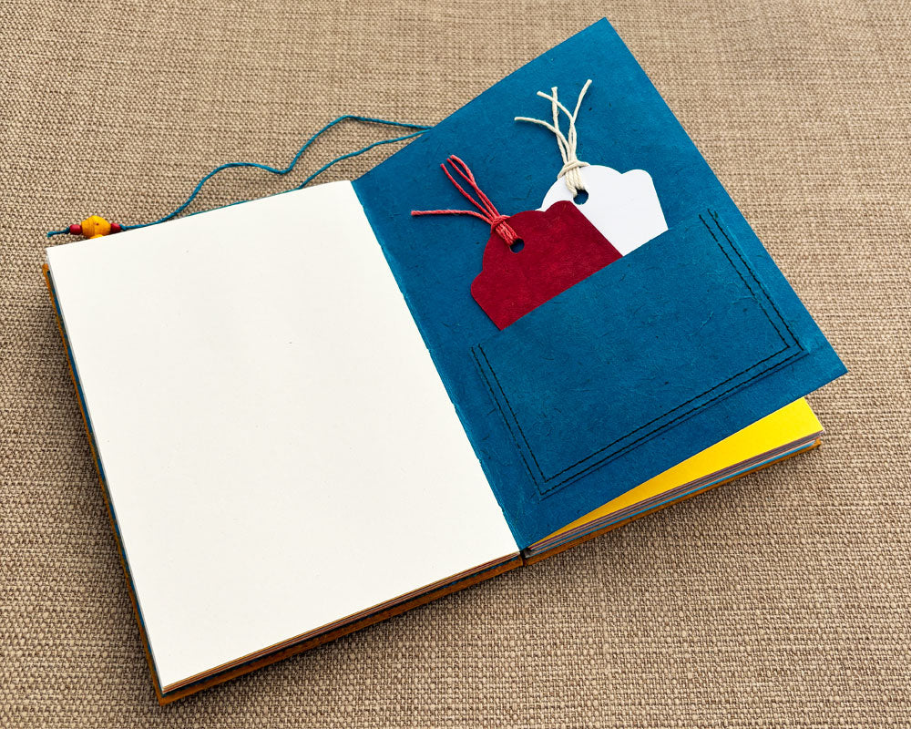 tags inside pocket of hand bound journal