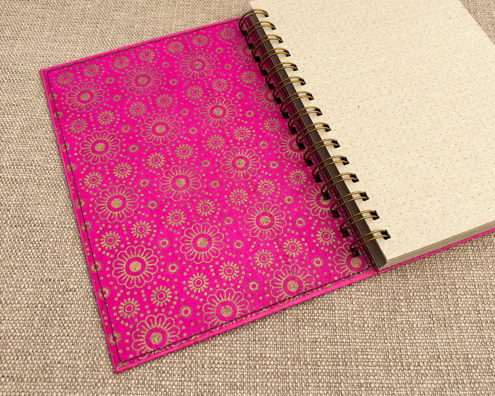 inside cover of handmade spiral notebook in pink and gold