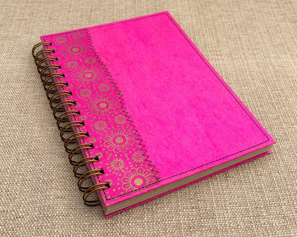vibrant pink and gold handmade spiral notebook