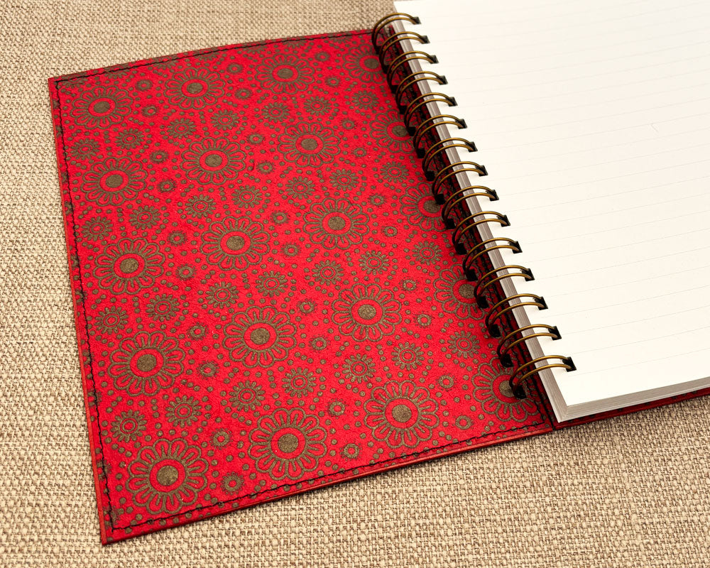 inside red cover of handmade spiral notebook with white lined pages
