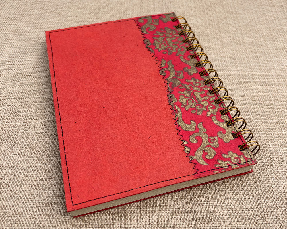 back cover of red and gold handmade spiral notebook