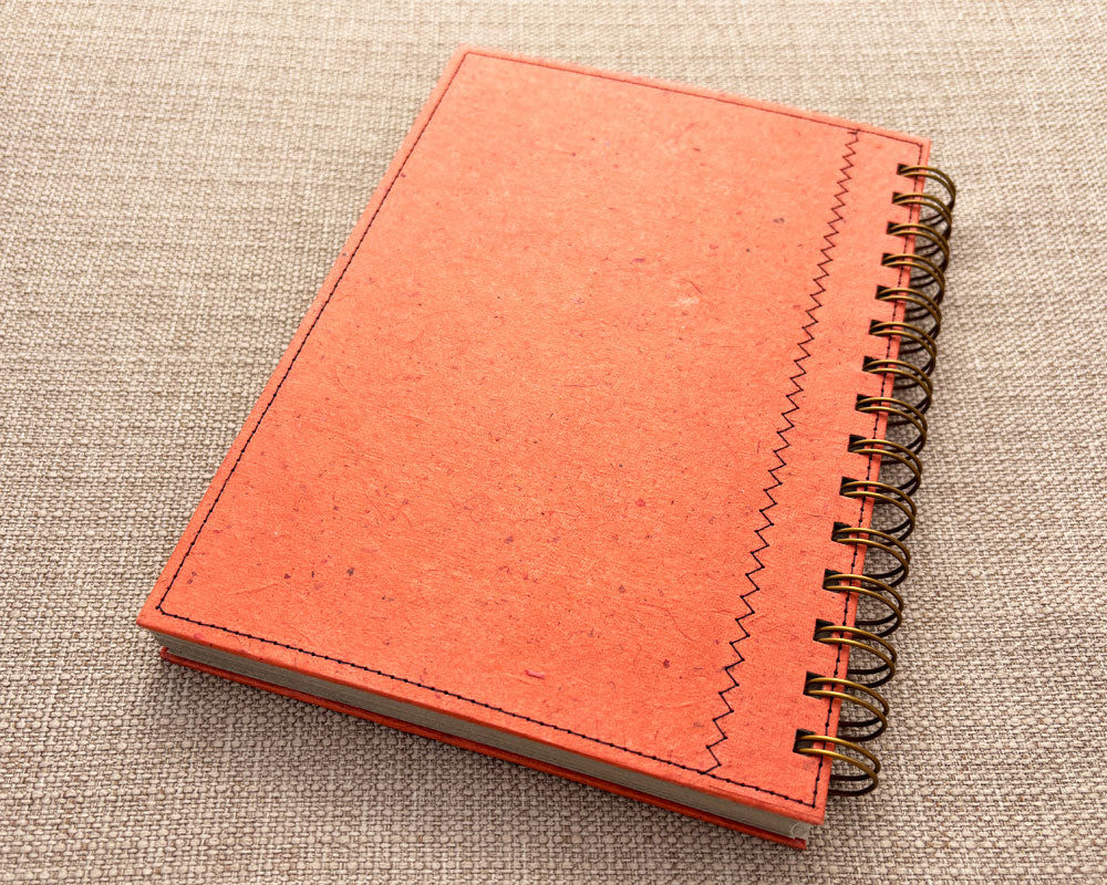 back cover of red and orange patchwork notebook