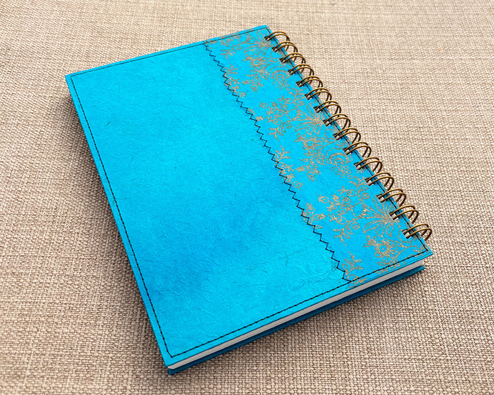 back cover of turquoise handmade spiral notebook