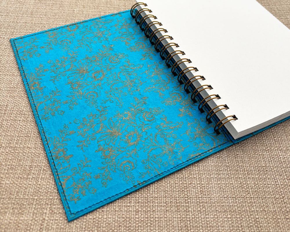 inside turquoise floral cover of handmade notebook