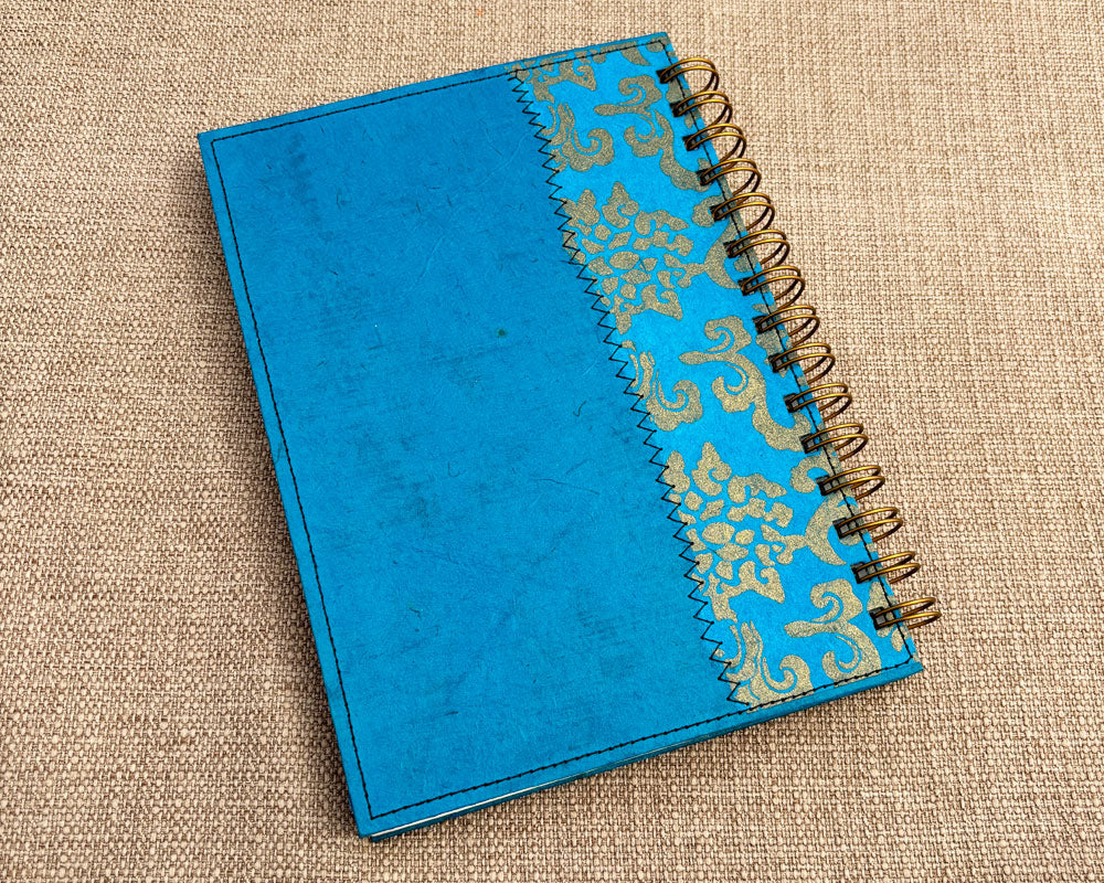 back cover of handmade spiral turquoise notebook